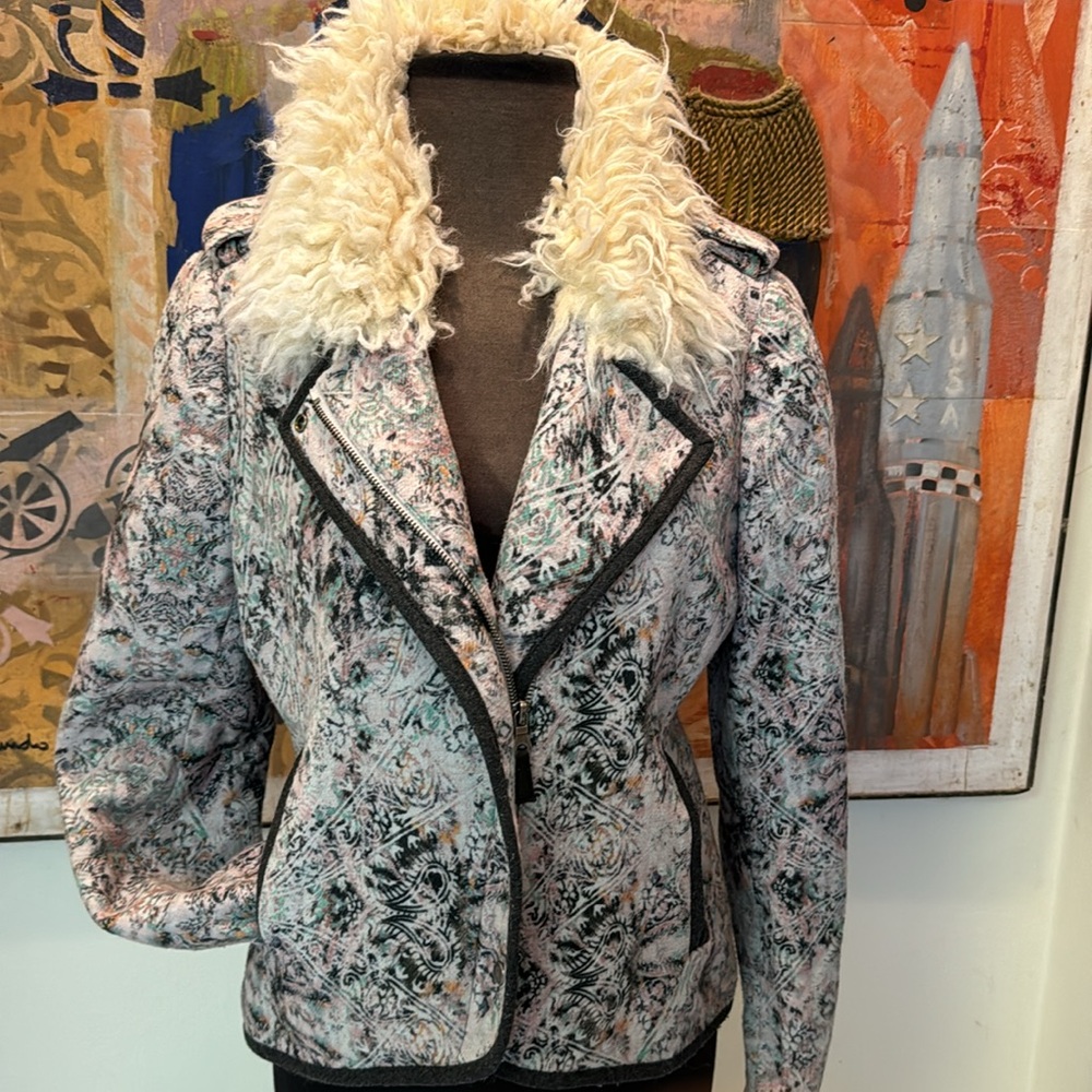 Anthropologie Elevenses pink gray paisley print zipper moto jacket furry collar